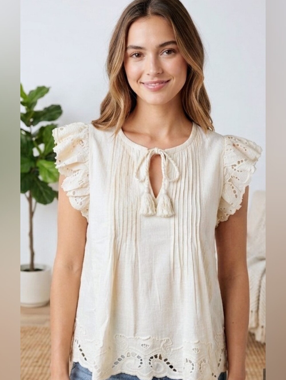 🖤 Jennifer & Grace Boho Ecru Pintuck & Lace Top Size Medium M NWT 🖤